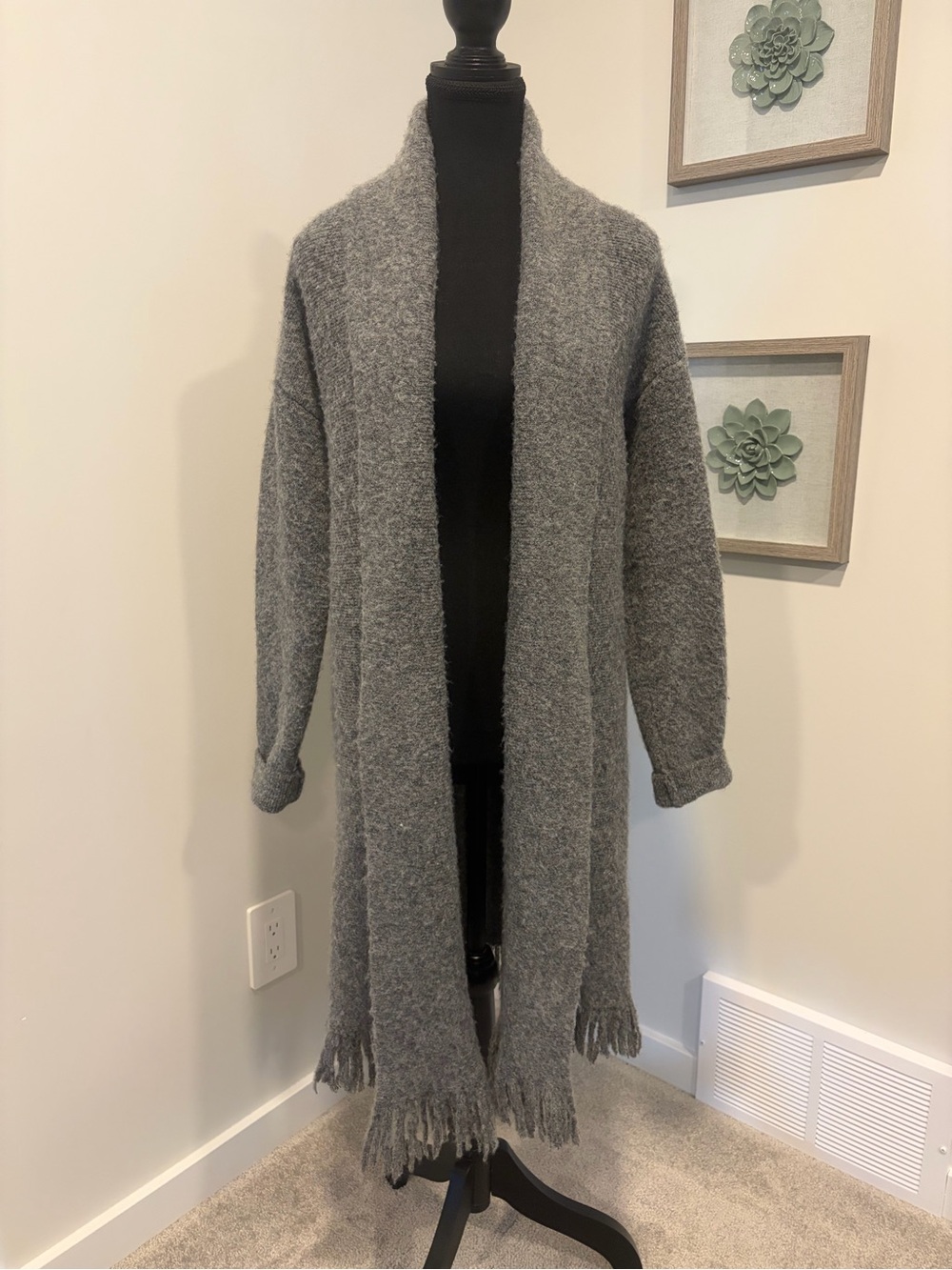 RW&CO. Grey Long Open-Front Fringed Shawl-Collar Cardigan Oversized NWT!
